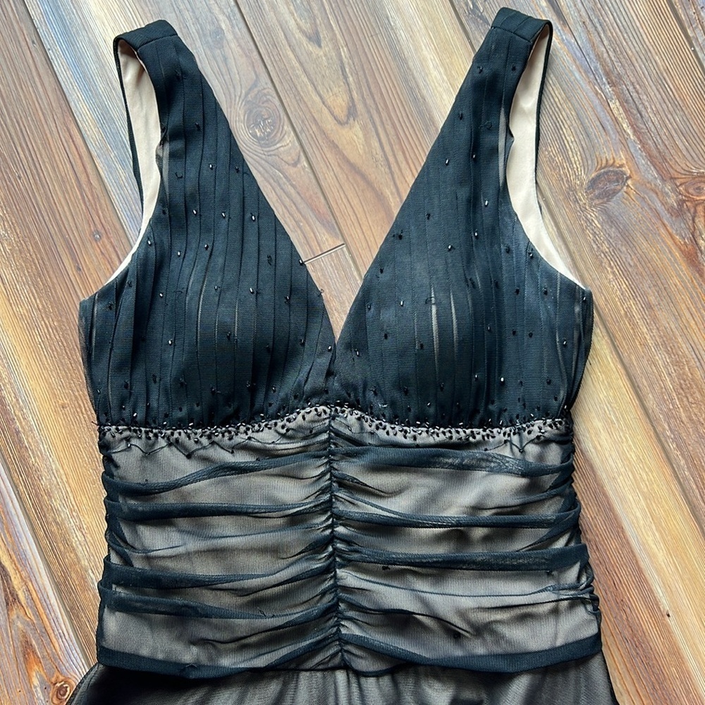 JS Boutique Black V Neck MIDI Black / Nude Sheer Cocktail Dress - Picture 3 of 10